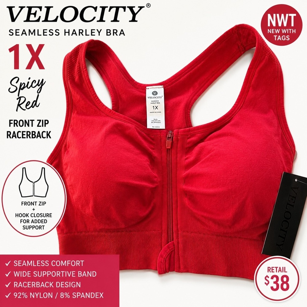 Velocity Seamless Harley Sports Bra 1X Spicy Red Front Zip Racerback NWT